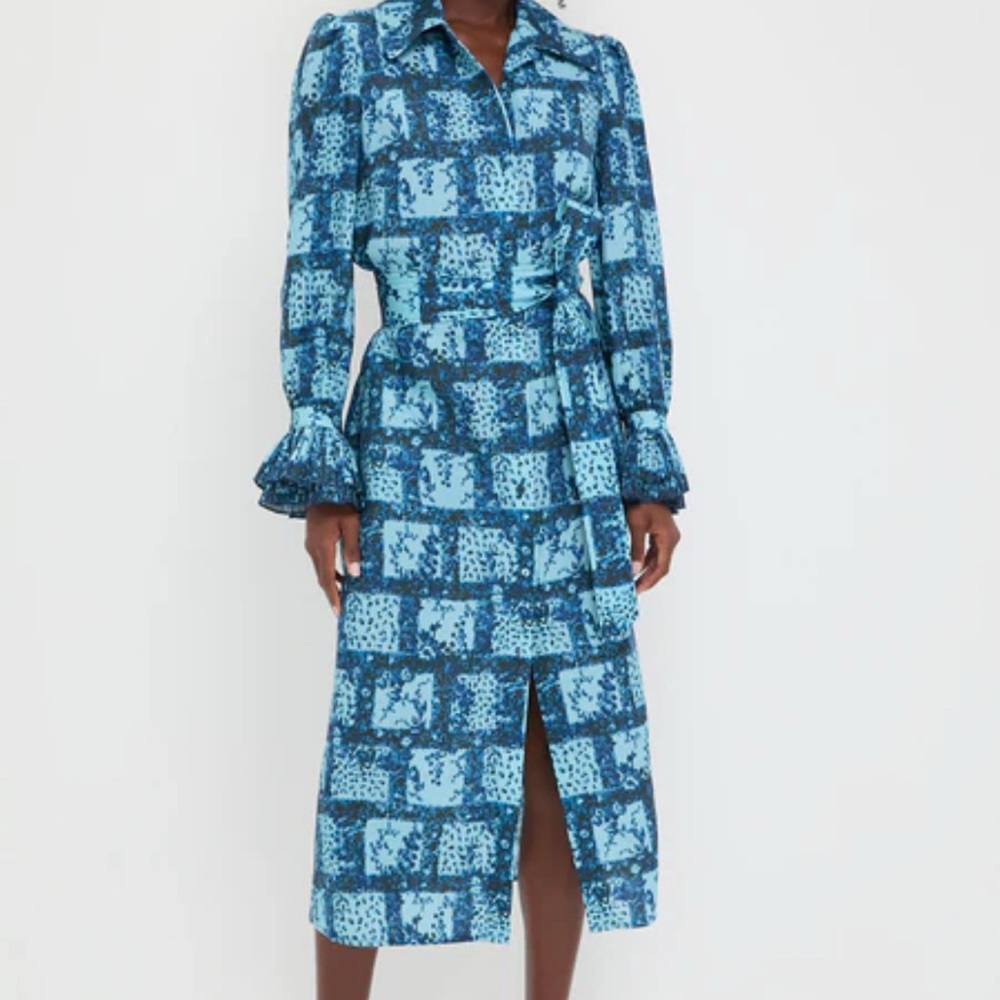 Tuckernuck Blue and White A-line Midi Dress with Notched Collar